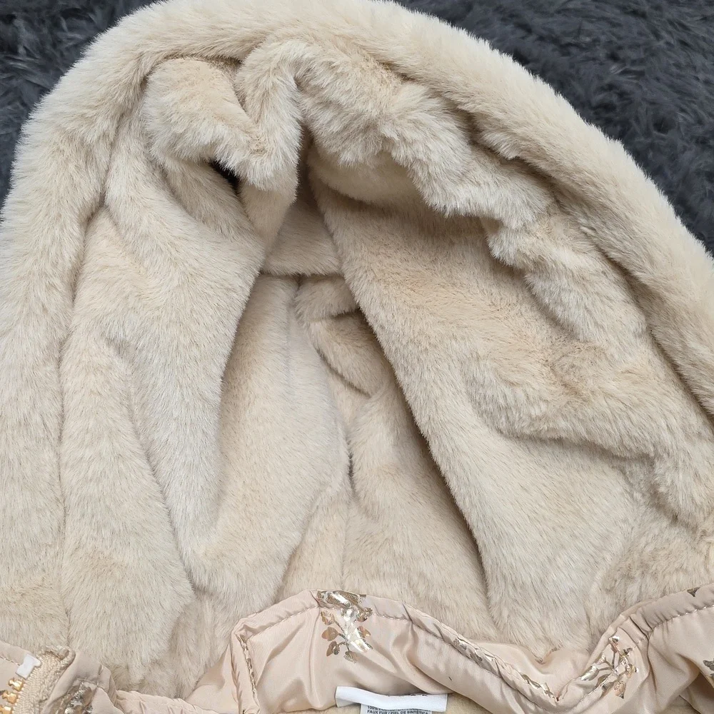 Nicole Miller-Tan Puffer Coat with Metallic Gold Flower Design. Size 5